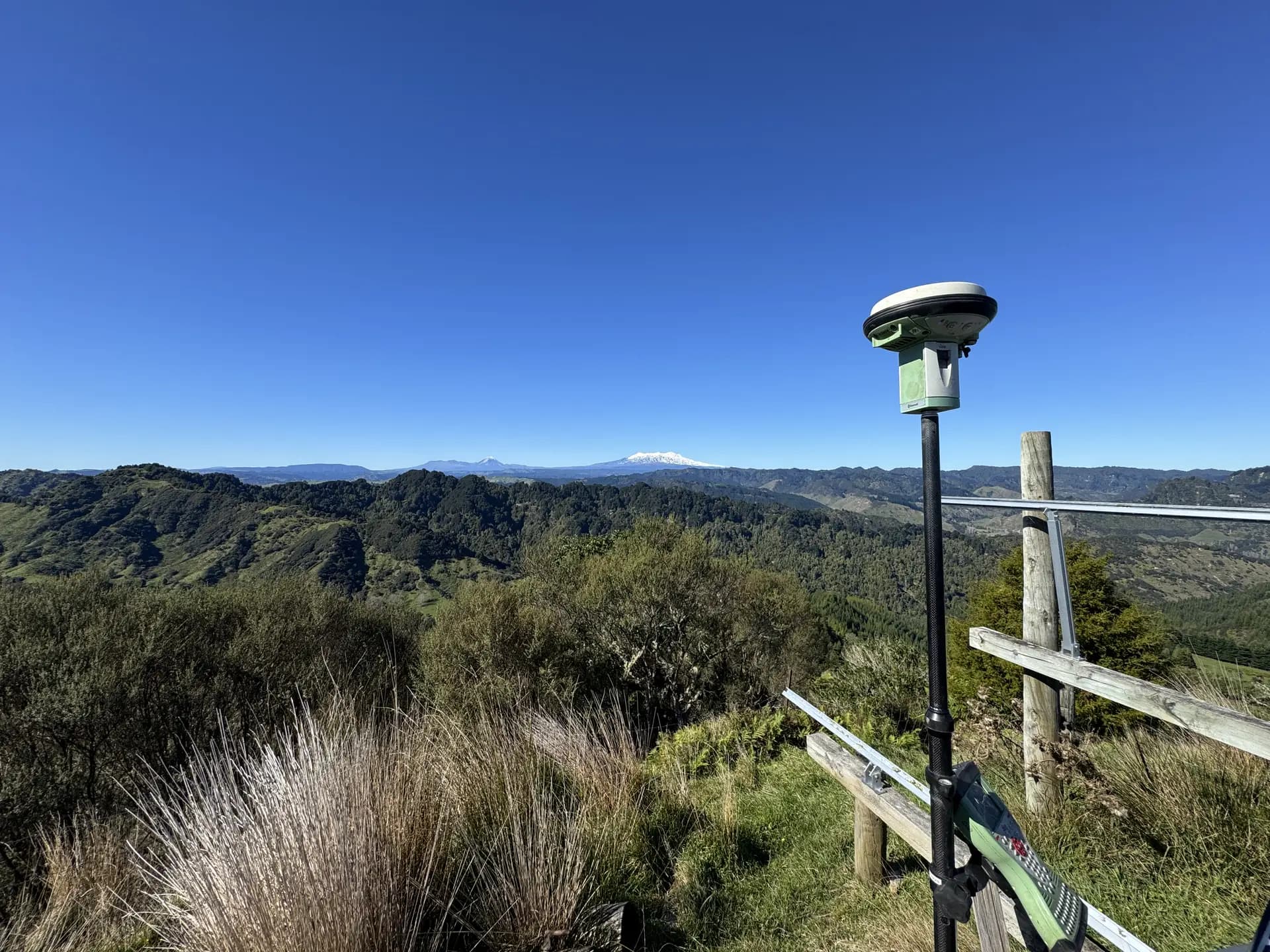 GPS survey equipment overlooking Mt Ruapehu in the Central North Island